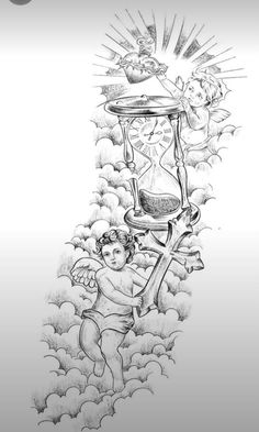 a drawing of a person holding an hourglass in the sky with angels flying around