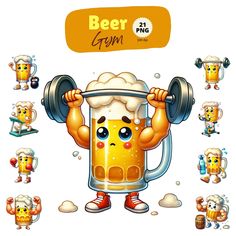 a cartoon character is holding up a mug with beer in front of him and many other characters