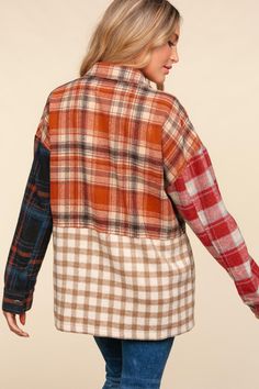 Introducing our Flannel Color Block Shirt Jacket: the perfect combination of style and comfort. This long sleeve shacket features a trendy plaid and check color block design, elevated by a convenient snap button closure. Its oversized fit adds a modern twist to this classic wardrobe staple. Upgrade your fall wardrobe with this must-have piece! 100% Polyester Color Block Shirts, Color Block Design, Classic Wardrobe Staples, Classic Wardrobe, Charm Rings, Gift Boutique, Block Design, Religious Gifts, Winter Accessories