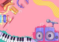 an illustration of musical instruments and music notes on a pink background with watercolors