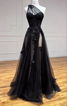 One Shoulder Black Lace Floral Long Prom Dresses with High Slit 21th B – PreppyDress Mascarade Prom Outfit Dresses, Fantasy Black Wedding Dress, Masquerade Dress Ideas, Mascarade Party Outfit Dresses, Masquerade Prom Dress, Celebrities Dresses, Masquerade Gown, 21th Birthday, Prom Dress Inspiration