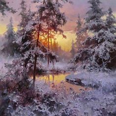 a painting of snow covered trees and water in the foreground, with sun setting behind them