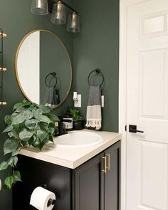 a bathroom with green walls and a white sink under a mirror next to a toilet paper dispenser