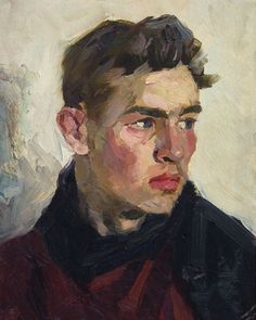 an oil painting of a man in a red shirt and black jacket with his head turned to the side