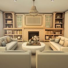 a living room filled with furniture and a fire place under a chandelier over a fireplace