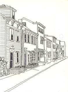 a drawing of some buildings on a street