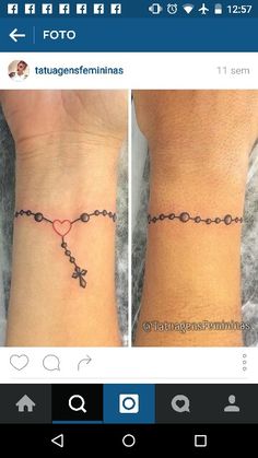 two pictures of someone's wrist with a cross tattoo on the left and an arrow tattoo on the right