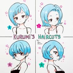 the four stages of haircuts for girls with blue hair and short bangs are shown