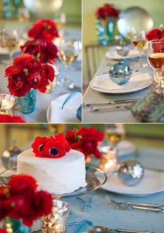 the table is decorated with red flowers and silverware