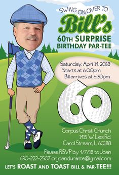 a flyer for a golf birthday party with an image of a man in blue vest and hat