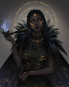 ArtStation - Riathyra, Arya A. (NPye) Black Druid Female, Saga Graphic Novel Art, Raven Woman Art, Vibrant Character Design, Black Character Female, Female Wizard Character Design, Black Druid, Raven Character Design, Black Witch Art