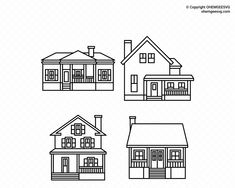 four different types of houses on a white background