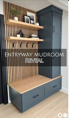 the entry way mudroom reveal is open and has shelves with drawers on each side