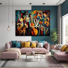 a living room filled with furniture and paintings on the wall