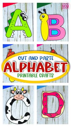 cut and pastee alphabet printable crafts with pictures of animals, letters, and numbers