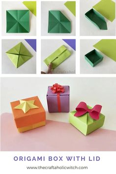 an origami box with lid is shown in different colors and sizes, as well as the instructions for how to fold it