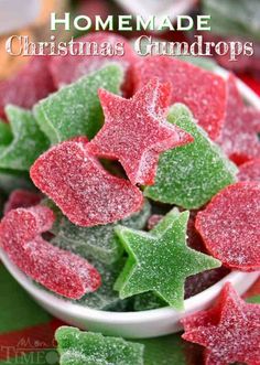 homemade christmas gumdrops in a white bowl with green and red stars on top