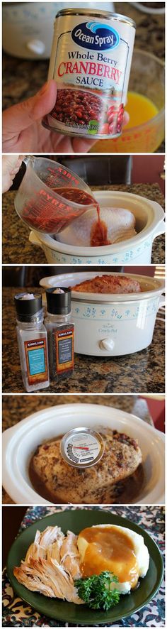 the process to make cranberry sauce is shown in three different pictures, including an open casserole dish with ham and broccoli