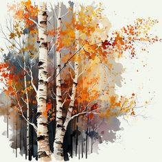 a painting of trees with orange and yellow leaves