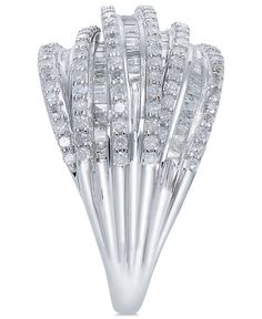 Go for high-style fabulous with this crisscrossing multi-row ring (1 ct. t.w.) artistically rendered with round-shape and tapered baguette diamonds expertly brought together in an upscale design. Macy's Brilliant Cut Diamond White Diamond Ring, Macy's Diamond Ring, Macy's Diamond White Ring With Diamond Accents, Macy's White Brilliant Cut Diamond Ring, Macy's Elegant White Diamond Ring, Elegant White Diamond Ring From Macy's, Diamond Jewlery, Levian Jewelry, Crossover Ring