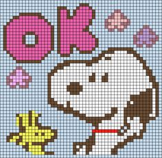 a cross stitch pattern with a dog and donuts