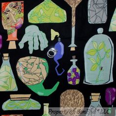 an image of various bottles and vases on a black background that is very colorful