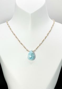 This necklace has a beautiful blue Larimar that's attached to a handmade 14k Gold Filled Chalcedony chain. ❤️ MATERIALS USED      ▪️Larimar: This faceted stone measures 11mm (w) x 16mm (h).      ▪️Chalcedony: This faceted, round stone measures 2mm.      ▪️14k Gold Filled: The chain, wire and components are Gold Filled. ❤️ LENGTH      ▪️16.5" ❤️ PROCESSING TIME      ▪️The item will be processed and shipped within 1-3 business days from the                   time the order is placed and payment is received. ❤️ SHIPPING/PACKAGING      ▪️This item qualifies for FREE first class shipping to the USA via USPS.       ▪️If you would like a different mode of delivery, please contact me.      ▪️It will be packed in a gift box and placed in a bubble envelope. If you order            more than one item Unique Gifts For Sister, Metaphysical Gifts, Chalcedony Necklace, Larimar Necklace, Shipping Packaging, Gift For Sister, Necklace Beaded, Elegant Jewelry, Sister Gifts