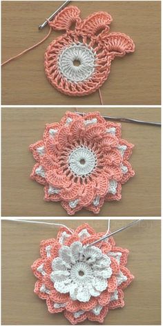 crocheted flowers are shown in three different ways, including the center and bottom