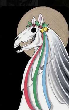 a drawing of a white horse with long manes and a hat on it's head