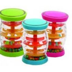 three plastic jars filled with different colored beads