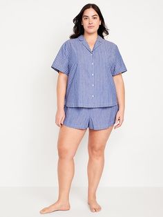 Poplin Pajama Short Set | Old Navy Summer Bedtime Short Set With Short Sleeves, Summer Short Sleeve Bedtime Short Set, Summer Collared Sleepwear With Pockets, Collared Sleepwear With Pockets For Summer, Pajama Short Set, Pajama Short, Drawstring Waist Shorts, Elastic Waist Shorts, Pajama Shirt