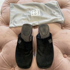 Chanel Suede Black Clogs. Pre-Owned Purchased From The Realreal But Never Worn By Me, Kept Too Long To Return. Very Good Condition, Comes With Dustbag No Box. Black Suede Clogs With Suede Lining, Black Slip-on Clogs With Suede Lining, Black Slip-on Mules With Suede Lining, Designer Clogs With Removable Insole, Chic Black Clogs With Leather Sole, Designer Clogs With Removable Insole And Round Toe, Luxury Black Round Toe Clogs, Chic Black Slip-on Clogs, Shoes Chanel