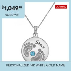 Symbolizing the one who's left their footprints on your heart, this adorable pendant necklace is personalized with a name and birthstone. Crafted of 14K white gold. Made in America.Stone: 2.5mm round lab-created gemstonePersonalize with up to 10 letters in script font.Choose one birthstone. Use the letter key below to represent the month.A=JanuaryB=FebruaryC=MarchD=AprilE=MayF=JuneG=JulyH=AugustI=SeptemberJ=OctoberK=NovemberL=DecemberFeatures: Family Jewelry, Personalized, Quick ShipJewelry Clo… Personalized White Gold Pendant Birthstone Necklace, Personalized White Sterling Silver Birthstone Necklace, Customizable White Jewelry For Memorial, Customizable White Jewelry For Memorials, Customizable White Memorial Jewelry, Personalized White Jewelry For Memorial, Family Jewelry, Family Jewellery, Jewelry Personalized