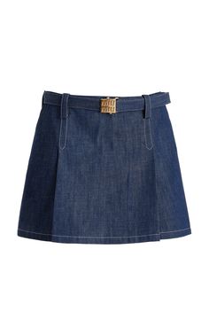 Miu Miu has served as Miuccia Prada's outlet to showcase her more playful side, without compromising elegance or style.Cut from raw cotton denim, this mini skirt is topped with a buckled belt that cinches the waist. Wear it with the [matching top](https://www.modaoperandi.com/women/p/miu-miu/raw-demnim-bra-top/594407). Miu Miu Clothes, Miu Miu Denim, Prada Clothes, Miu Miu Top, Flared Denim Skirt, Designer Products, Denim Skirts, Raw Denim, Price Comparison