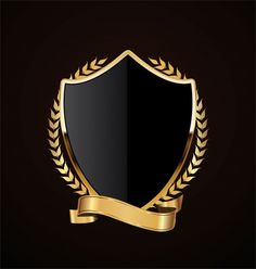 a black and gold shield with a ribbon on the side, in front of a dark background