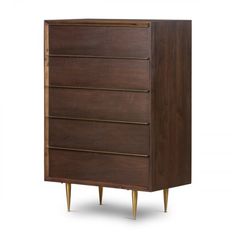 the chest of drawers is made from wood and has brass legs