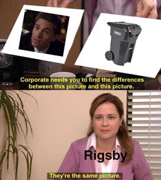 a woman sitting in front of a computer next to a man with a wheelie bin