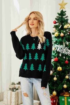 Christmas Tree Round Neck Ribbed Trim Sweater – the GRATI shop Legging Cuir, Long Sleeve Knit Sweaters, Knitted Pullover Sweaters, Casual Pullover