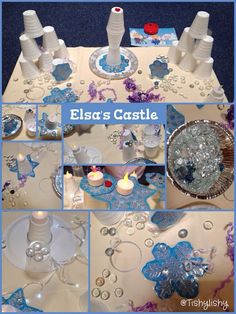 a collage of photos showing the table setting for a frozen birthday party with blue and white decorations