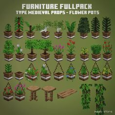 a bunch of plants that are in some kind of potted planter area with the text, furniture fullpack type medical props - flower pots