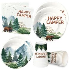 the happy camper party pack includes plates, cups and napkins with an image of a bear