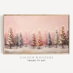 a painting with trees in the background and lights on it, that says collour whispers frame tv art