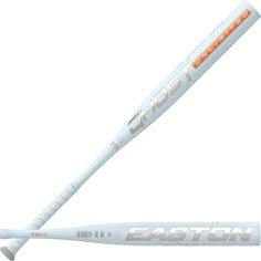 a baseball bat with the word easton on it and an orange stripe in the bottom corner