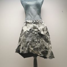 "Upcycled stretchy bleached black denim patchwork skirt. Frayed seams and jagged hem. Rear pockets and faux front pockets. Waist measures 36\" and length is approximately 19\"." Patchwork Denim Skirt, Womens Skirts, Patchwork Skirt, Upcycled Denim, Denim Patchwork, Denim Vest, Textile Design, Tie Dye Skirt, Black Denim