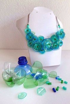 the necklace is made out of plastic bottles and beads