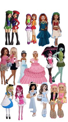 many different dolls are shown together in this image