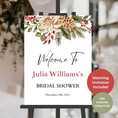 a welcome sign for julia williams's bridal shower is displayed on a easel