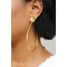 These hoop earrings are super big and super fun to wear. We made them comfy by making a post back earring behind the textured disc, with the hoop being etched and dangly. Size: 4.5" L Material: Brass with 22kt gold plate Made with love in the USA About the Maker Chicagoan Alicia Goodwin created Lingua Nigra (Latin for "Black Tongue") shortly after graduating from F.I.T. Her work is inspired by nature, focusing on ancient talismans, Victorian-era work, and sentimental jewelry. Made with brass, si Big Bigger Biggest, Gold Rings Stackable, Large Hoop Earrings, Shell Earrings, Earrings Photo, Etsy Fashion, 22k Gold, Polymer Clay Earrings, Clay Earrings