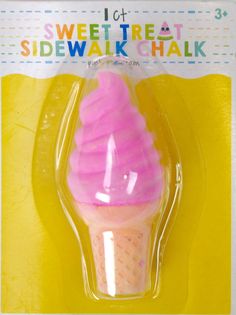 a pink and white ice cream cone in a plastic package on a yellow background with the words sweet treat sidewalk chalk