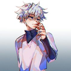 an anime character with glasses and a white shirt is holding his hand to his mouth